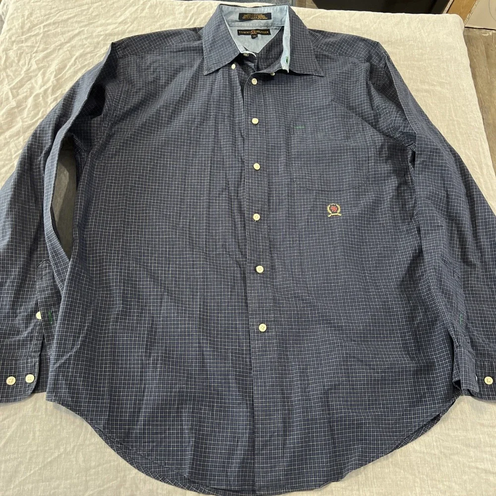 Tommy Hilfiger Long Sleeve Men's Large L Shirt Blue Plaid Button Up Shirt‎